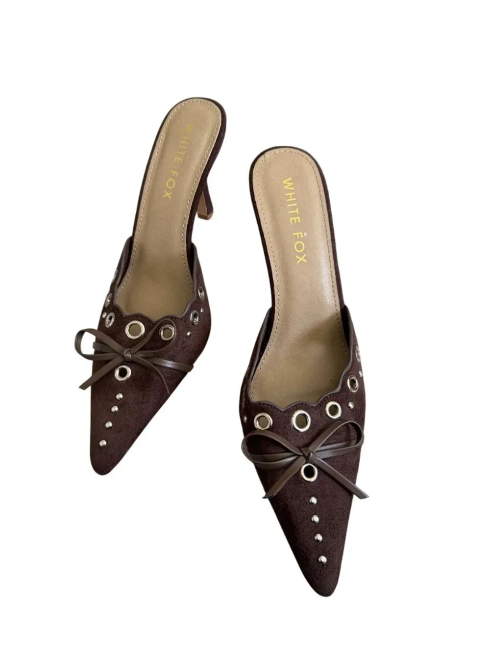 WHITE FOX Brown Faux Suede Bow Mules Heels Size 9 NEW NWOB